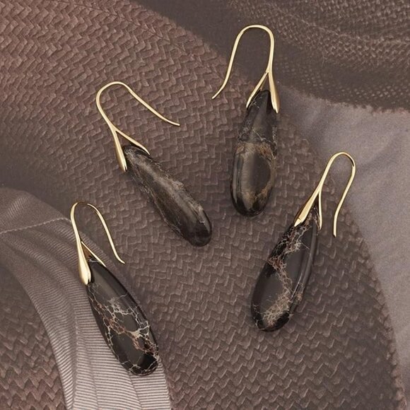 Women's Black Gold Hook Natural Healing Stone Fishhoop Dangle Drop Earrings - Picture 4 of 4